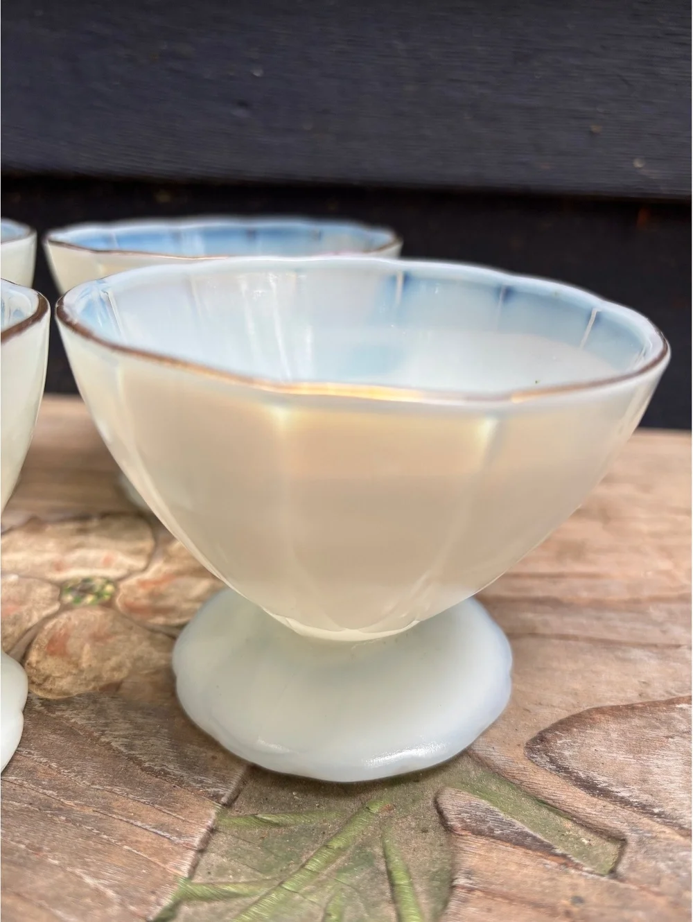 Vintage Opalescent Footed Dessert Bowls Set of 4, Gold Rim, Mid Century